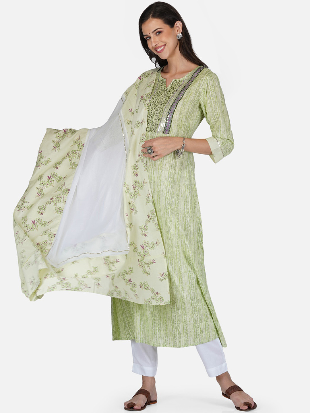 

METRO-FASHION Women Green Printed Mirror Work Kurta with Trousers & With Dupatta