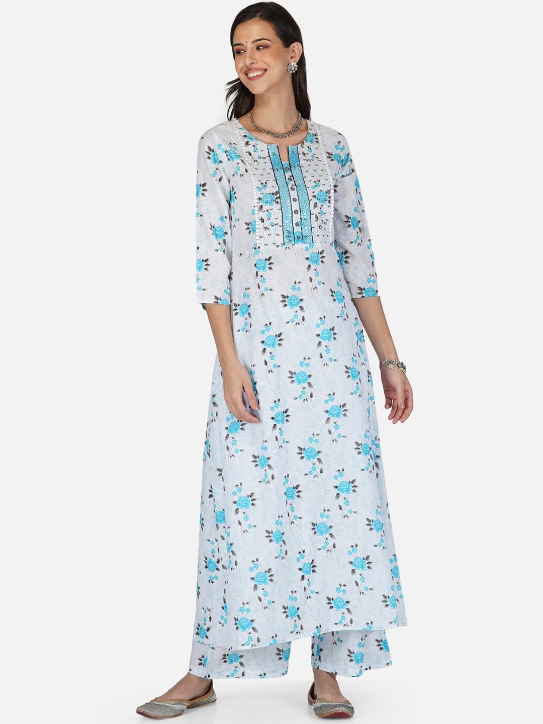

METRO-FASHION Women Blue Floral Printed Sequinned Kurta with Palazzos