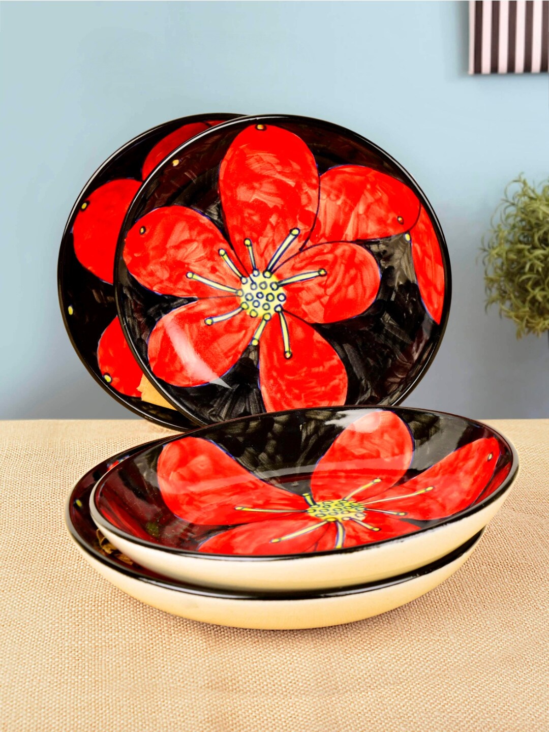 

StyleMyWay Set of 4 Red & Black Dishwasher & Microwave safe Printed Ceramic Glossy Plates