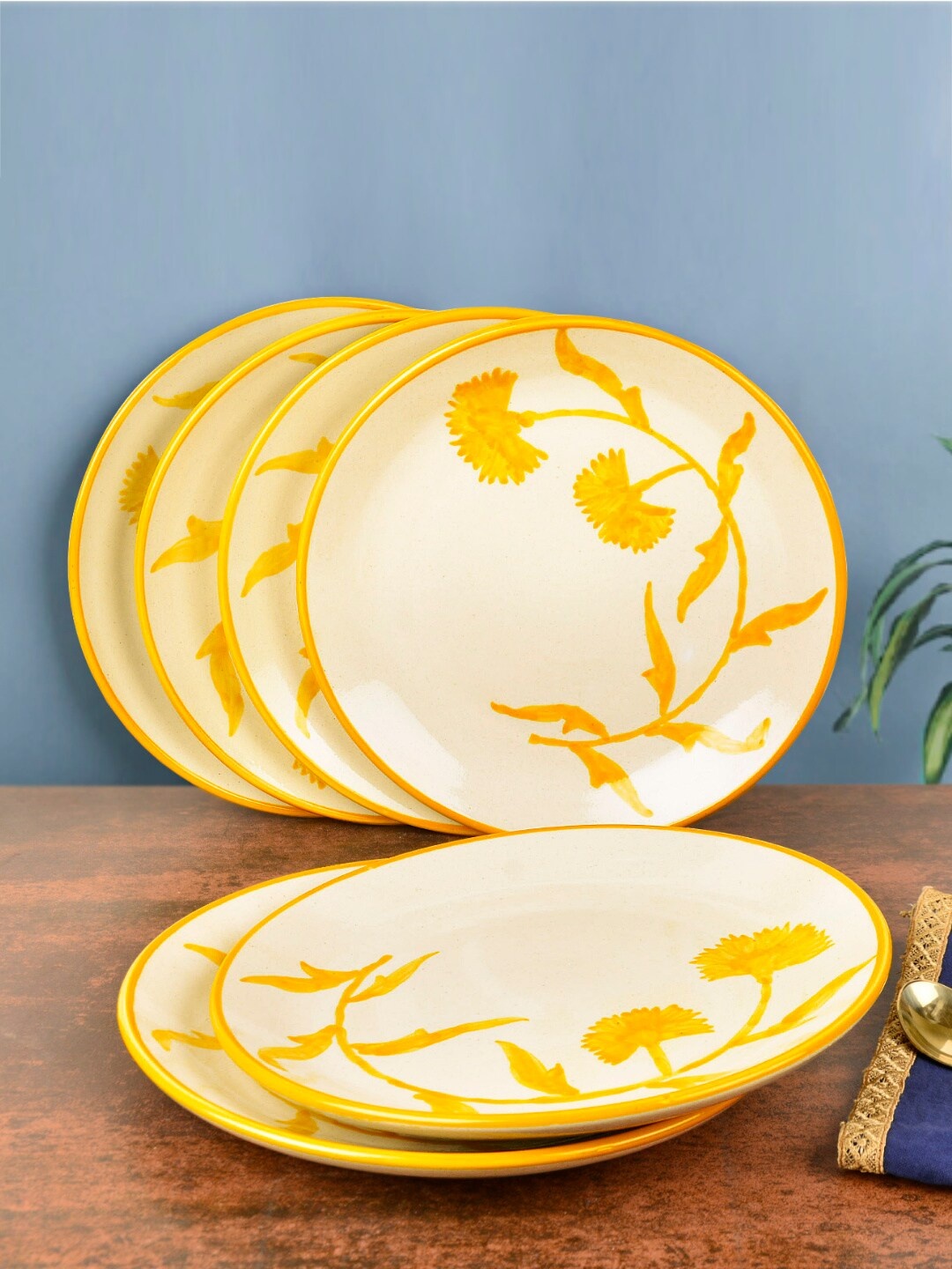 

StyleMyWay Set of 6 Yellow & Cream Printed Dishwasher & Microwave safe Ceramic Plates