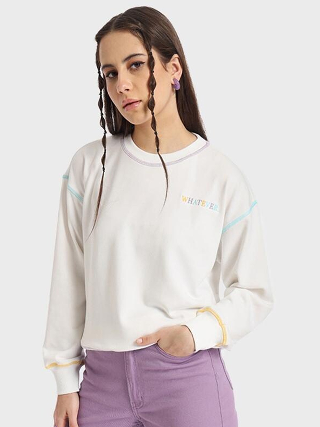 

Bewakoof Women Whatever Typography Oversized Sweatshirt, Off white