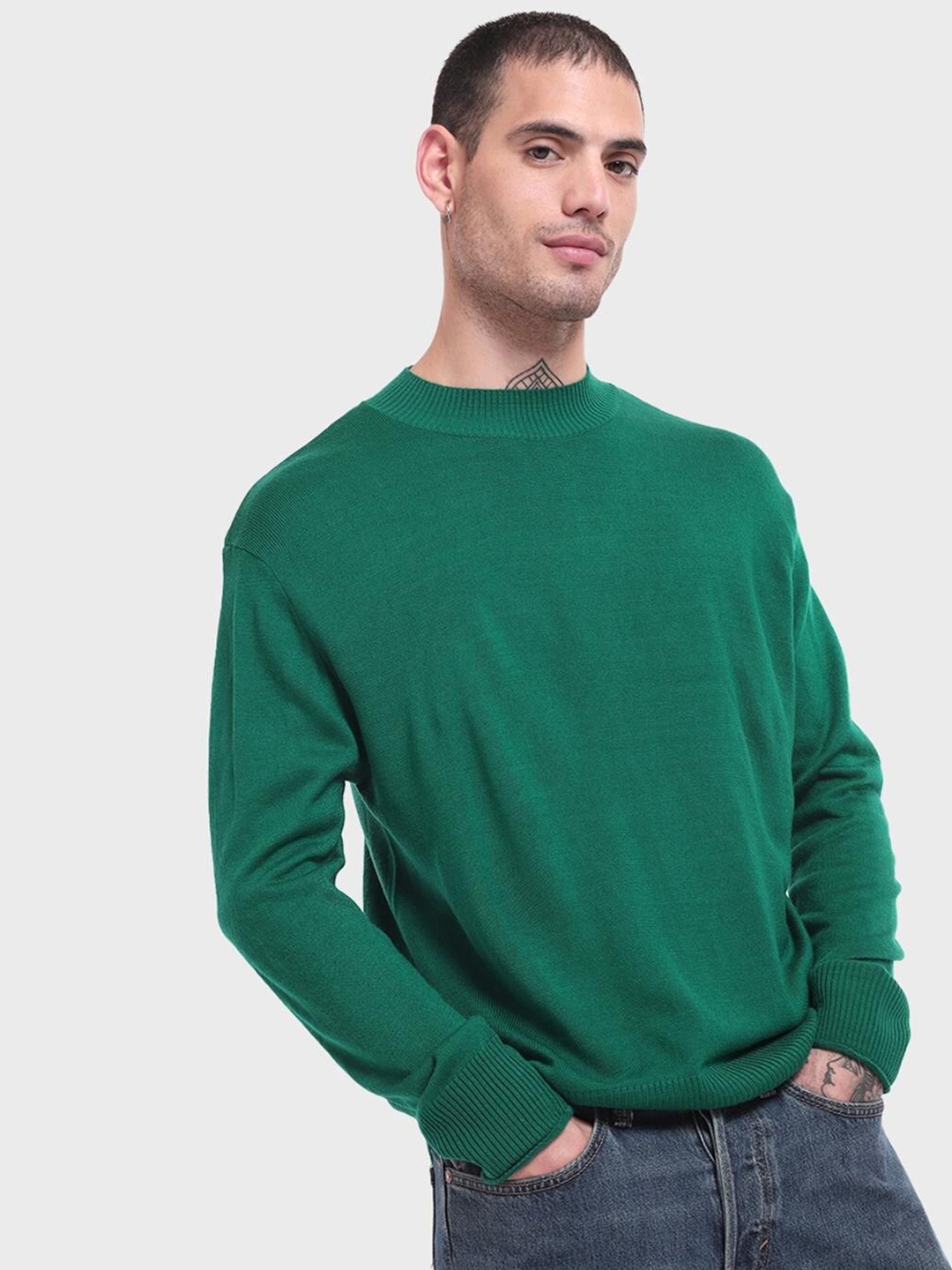 

Bewakoof Men Green Oversized Sweater