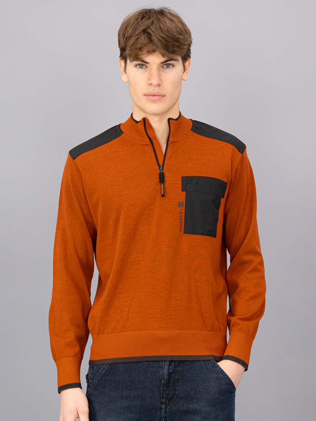 

FREESOUL Men Orange & Black Colourblocked Colourblocked Pullover