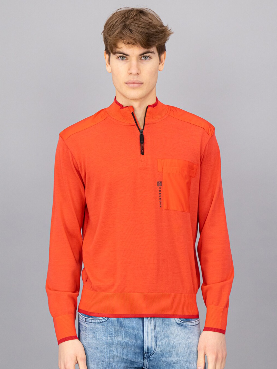 

FREESOUL Men Orange & Black Solid Pullover