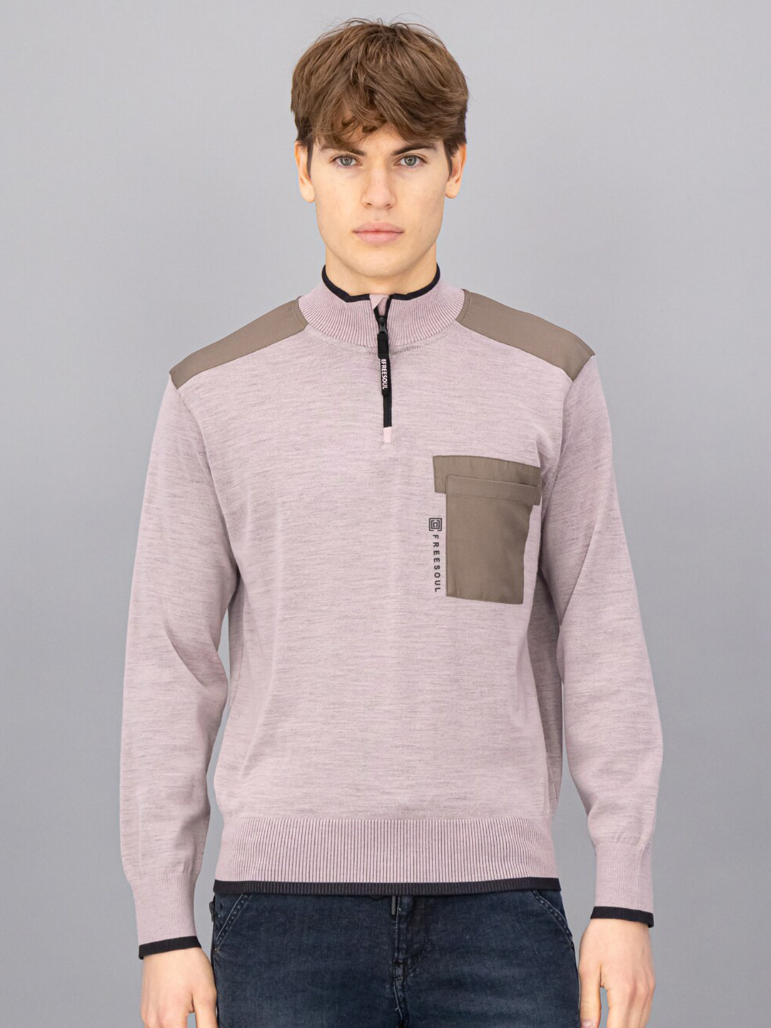 

FREESOUL Men Pink & Brown Colourblocked Colourblocked Pullover