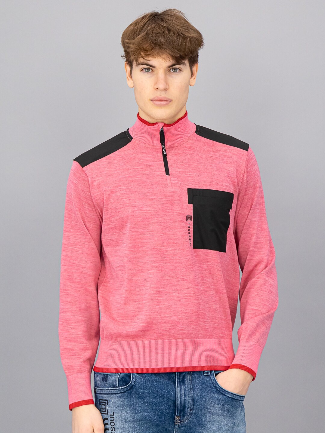 

FREESOUL Men Pink & Black Solid Pullover