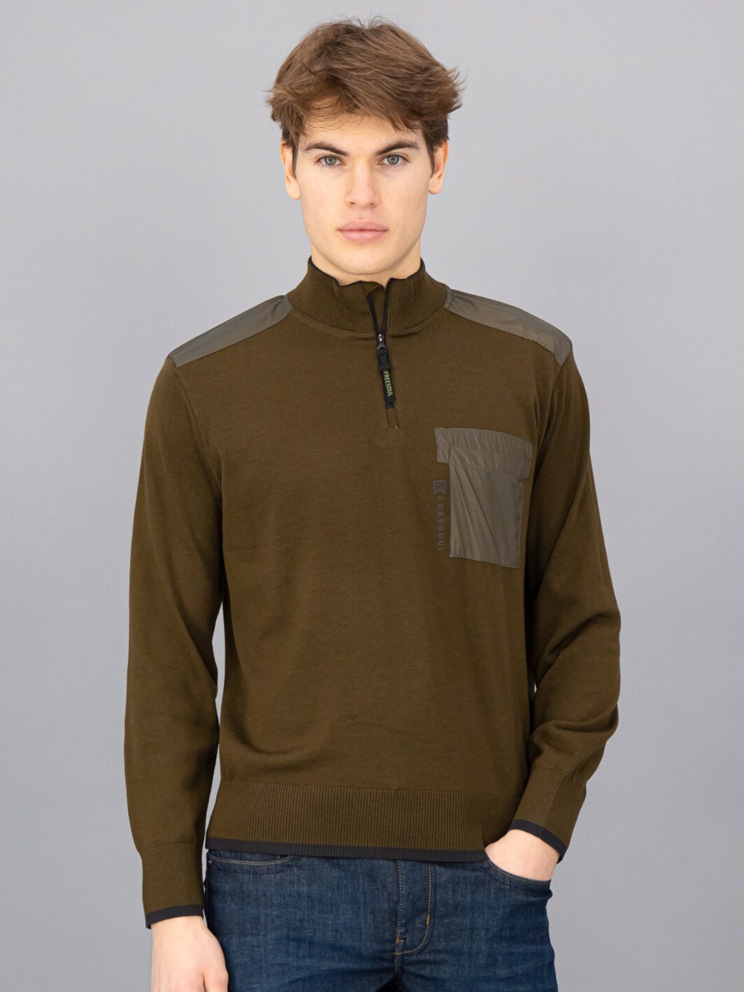 

FREESOUL Men Olive Green & Grey Colourblocked Colourblocked Pullover