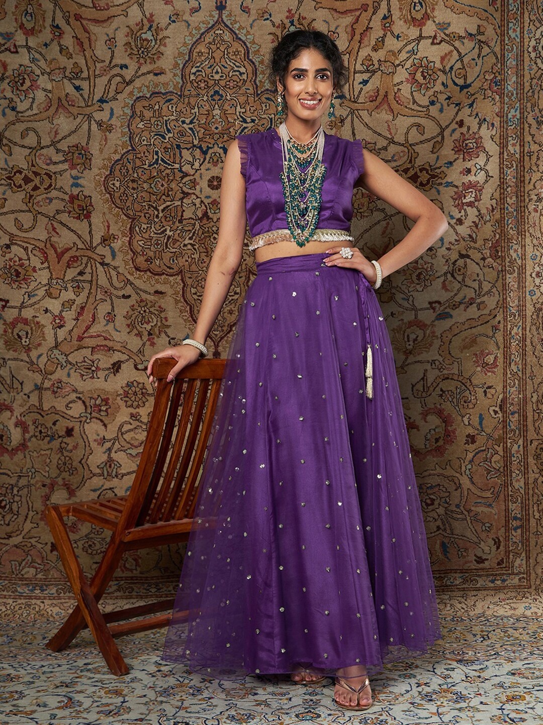 

Shae by SASSAFRAS Purple & Gold-Toned Ready to Wear Lehenga &