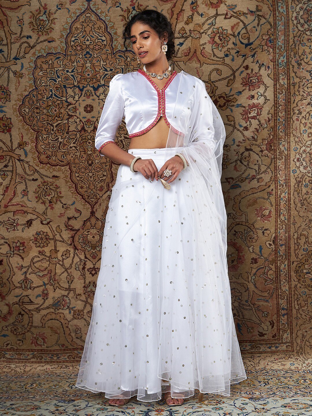 

Shae by SASSAFRAS Women White & Pink Sequinned Ready to Wear Lehenga & Blouse With Dupatta