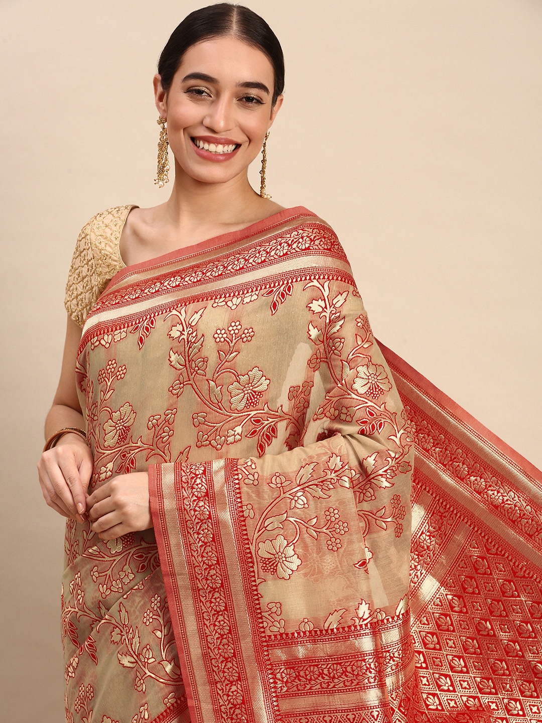 

AYKA CLOTHINGS Paisley Zari Pure Cotton Banarasi Saree, Beige