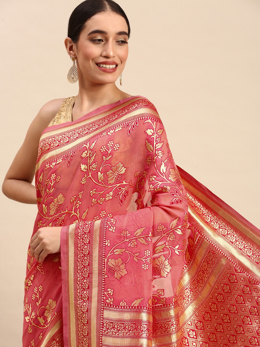 

AYKA CLOTHINGS Paisley Zari Pure Cotton Banarasi Saree, Pink