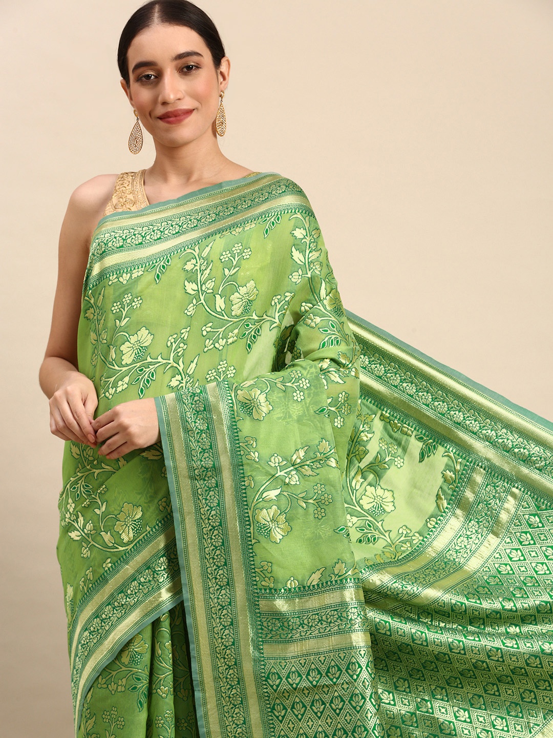 

AYKA CLOTHINGS Paisley Zari Pure Cotton Banarasi Saree, Green