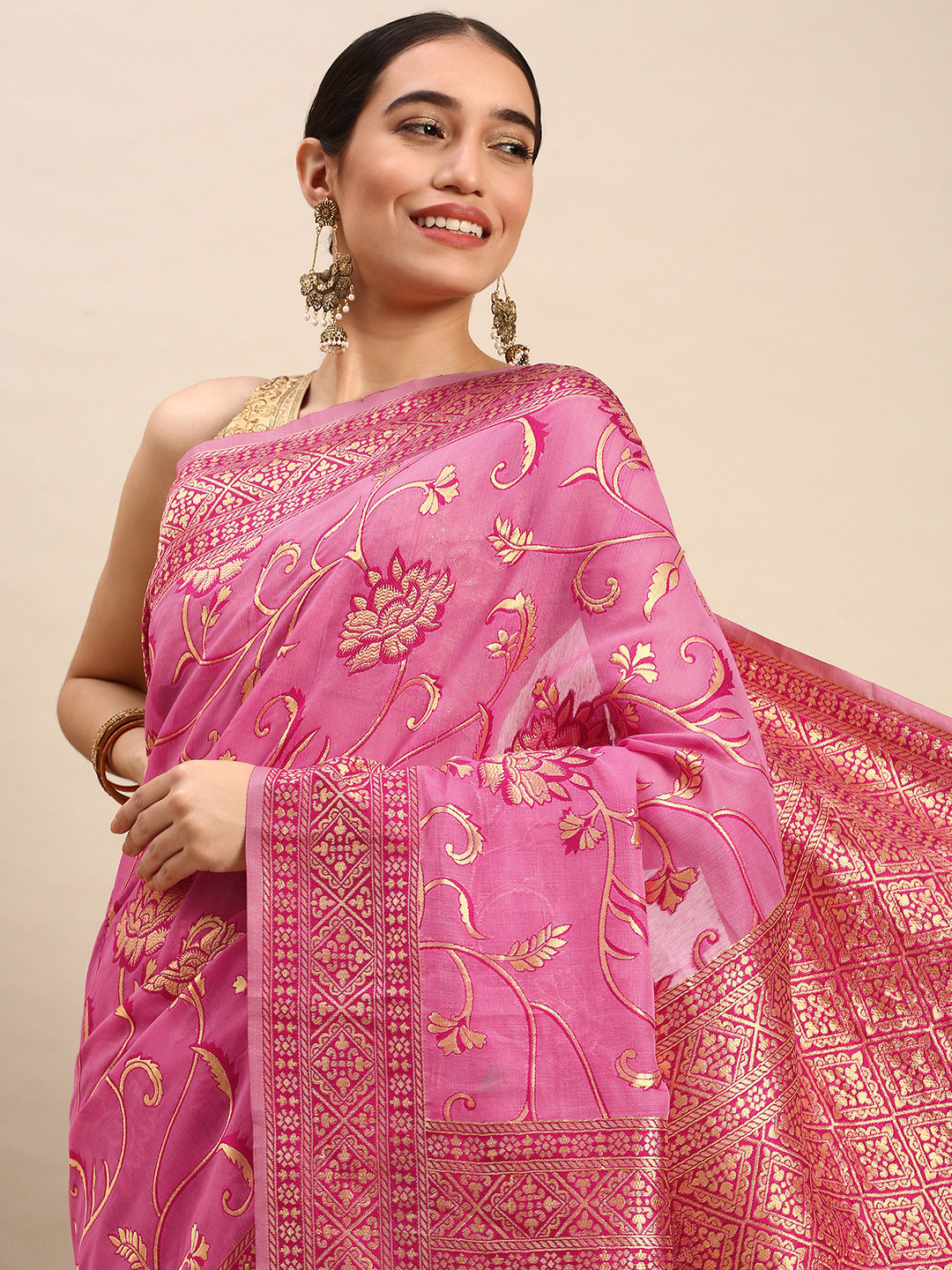 

AYKA CLOTHINGS Paisley Zari Pure Cotton Banarasi Saree, Pink