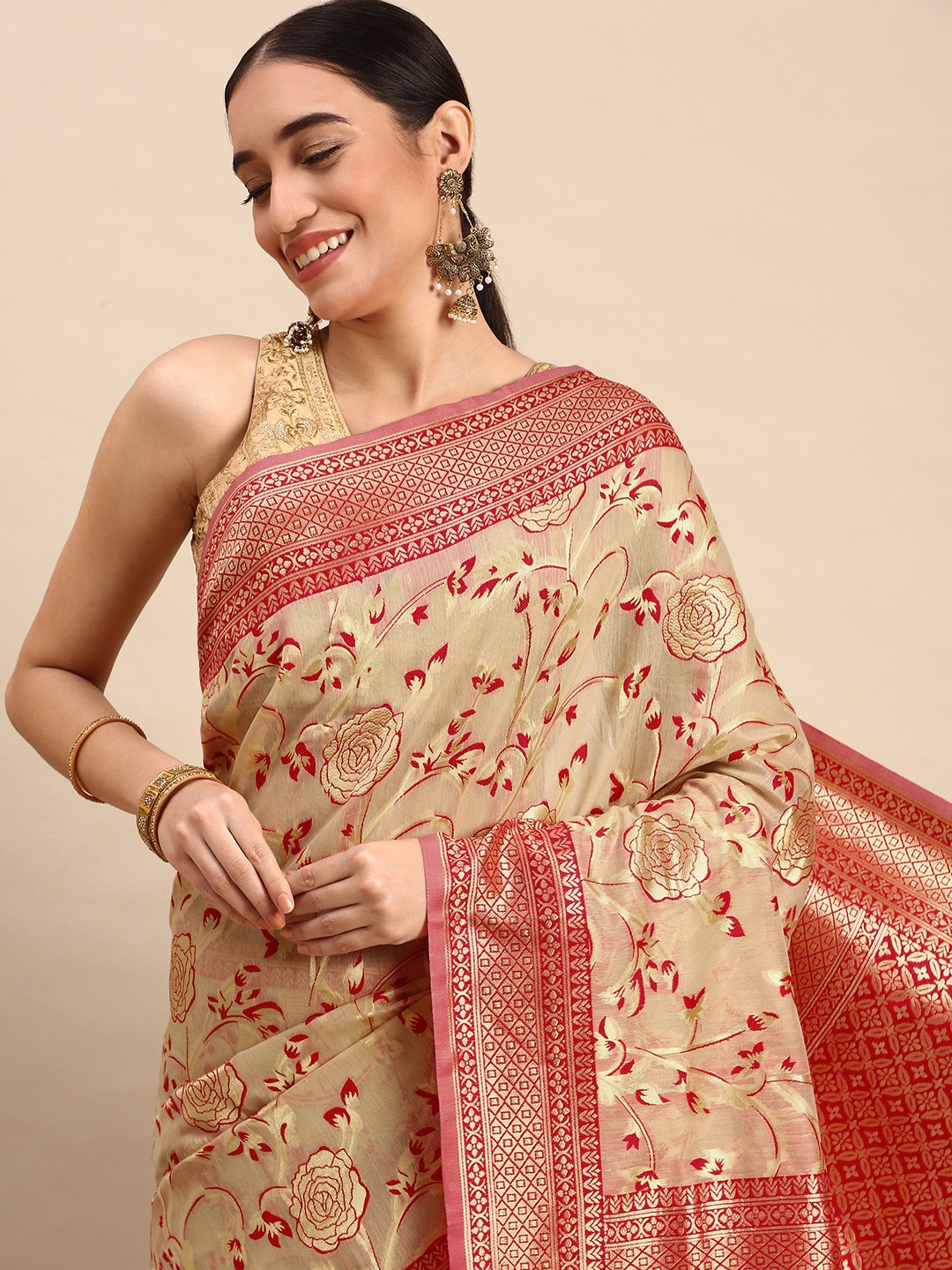 

AYKA CLOTHINGS Paisley Zari Pure Cotton Banarasi Saree, Beige