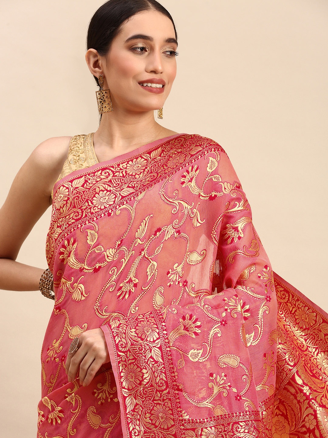 

AYKA CLOTHINGS Paisley Zari Pure Cotton Banarasi Saree, Pink