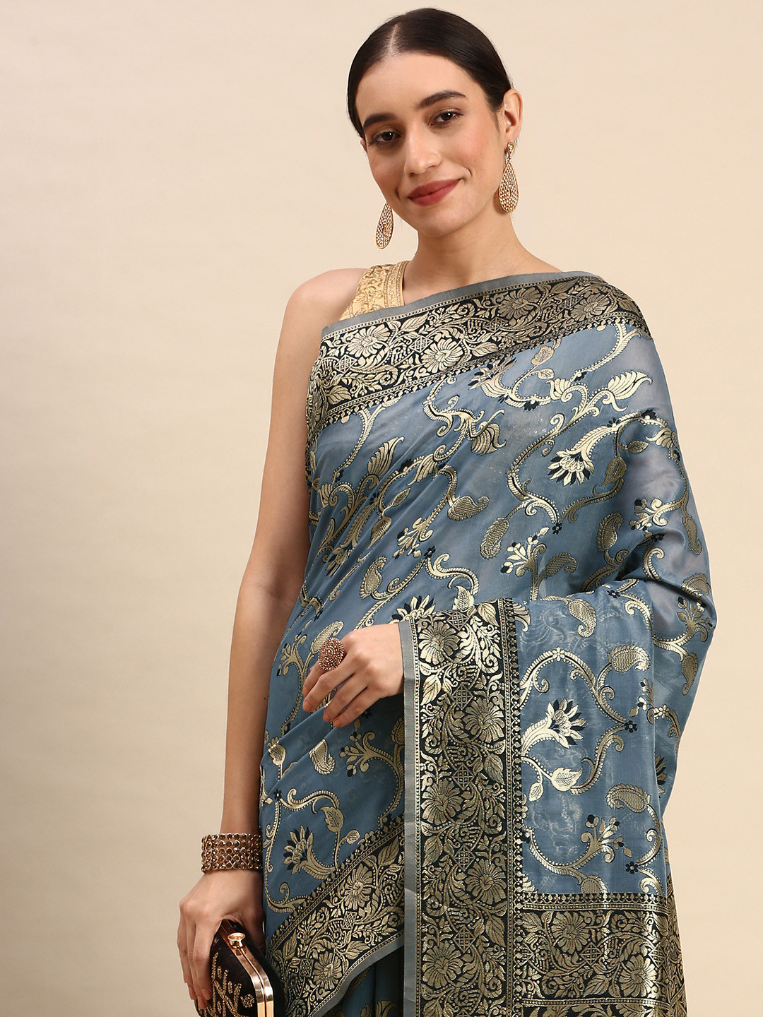 

AYKA CLOTHINGS Paisley Zari Pure Cotton Banarasi Saree, Grey