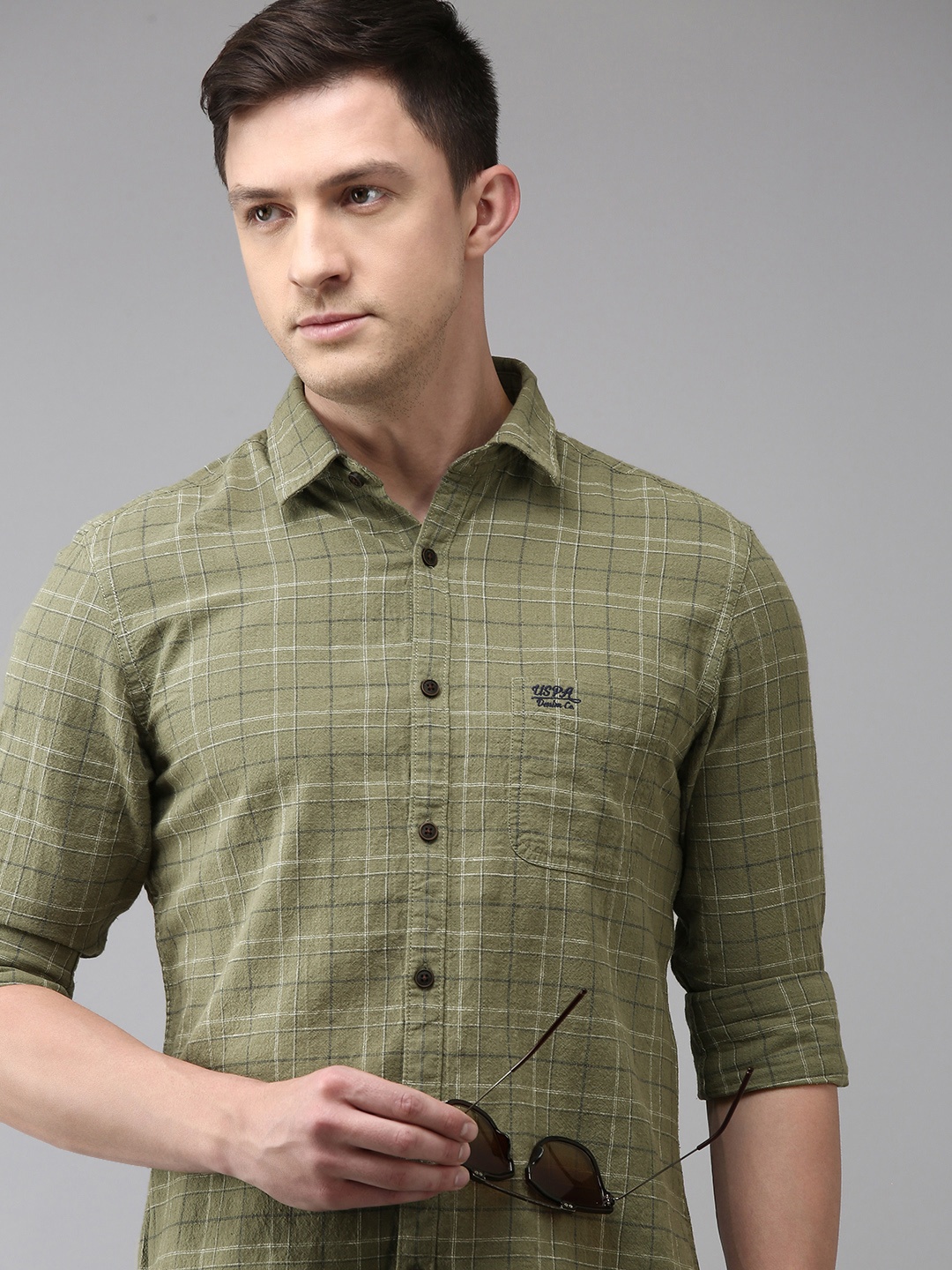 

U.S. Polo Assn. Denim Co. Men Olive Green Slim Fit Checked Pure Cotton Casual Shirt