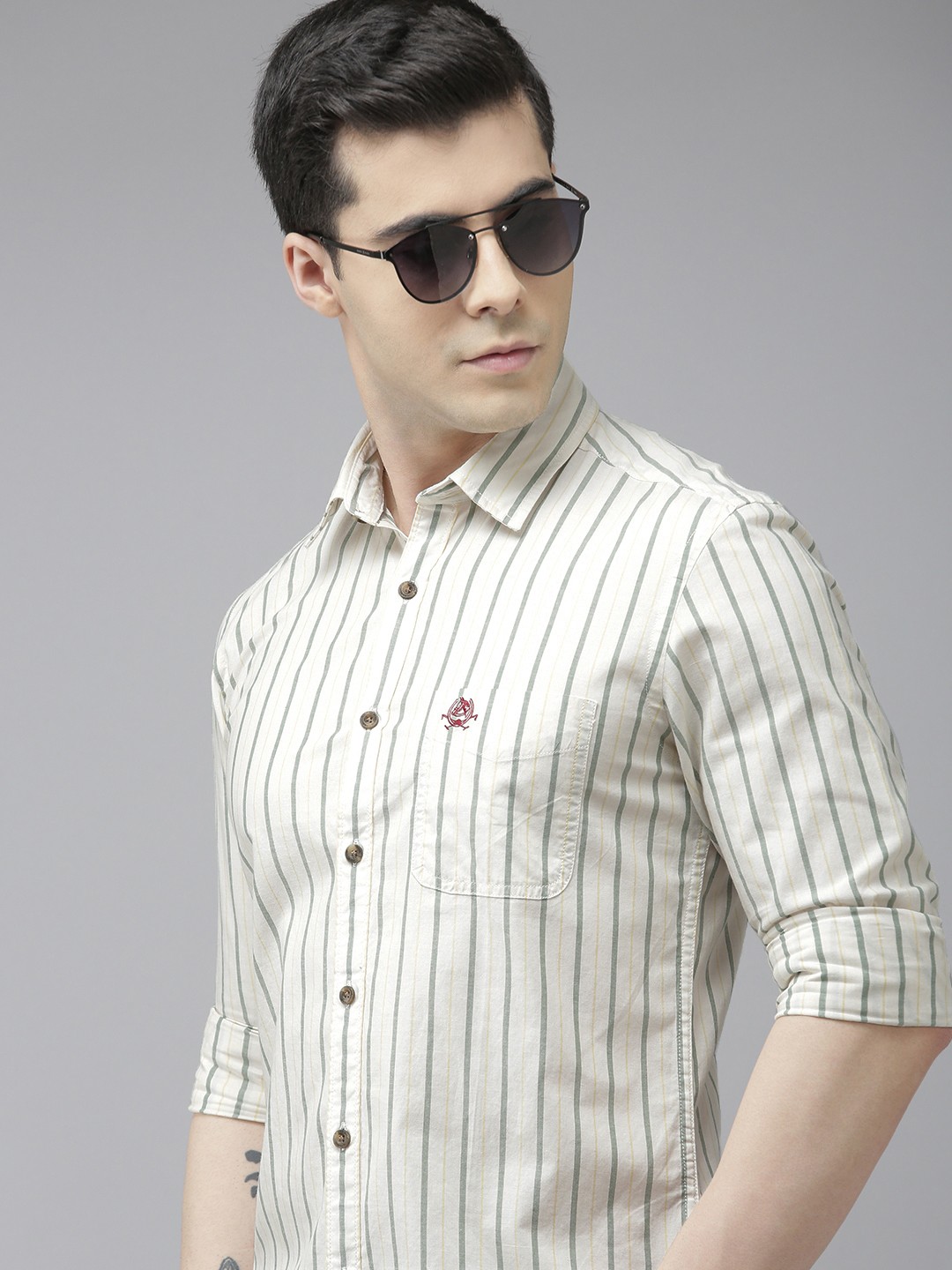 

U.S. Polo Assn. Denim Co. Men Off-White Striped Pure Cotton Slim Fit Casual Shirt