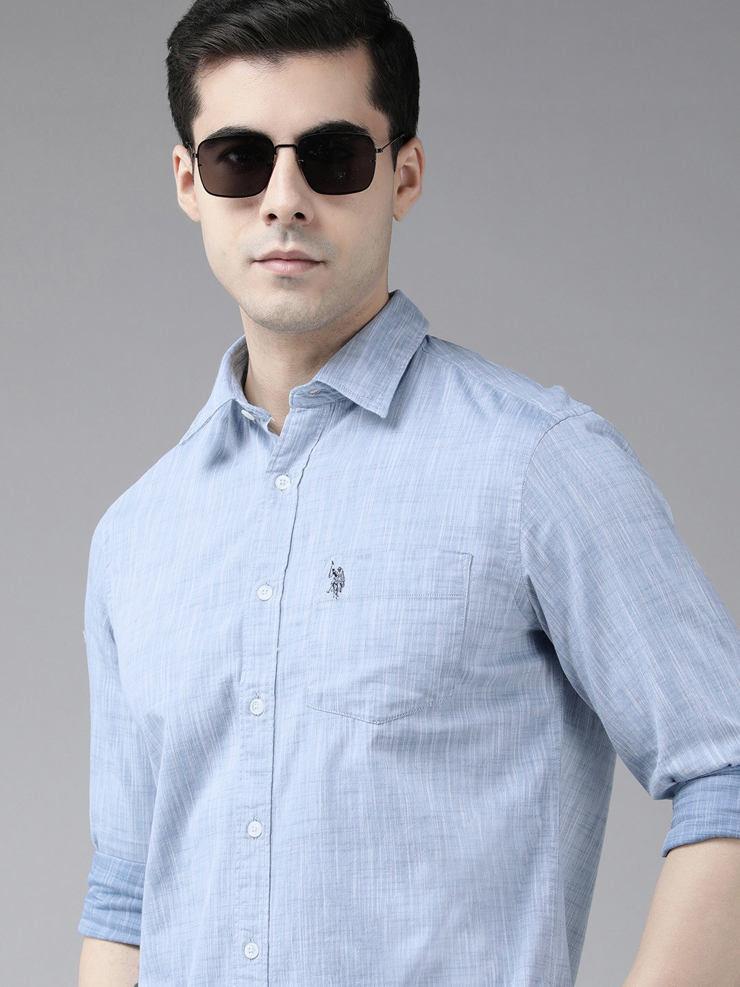 

U S Polo Assn Men Blue And White Tailored Fit Checked Pure Cotton Casual Shirt