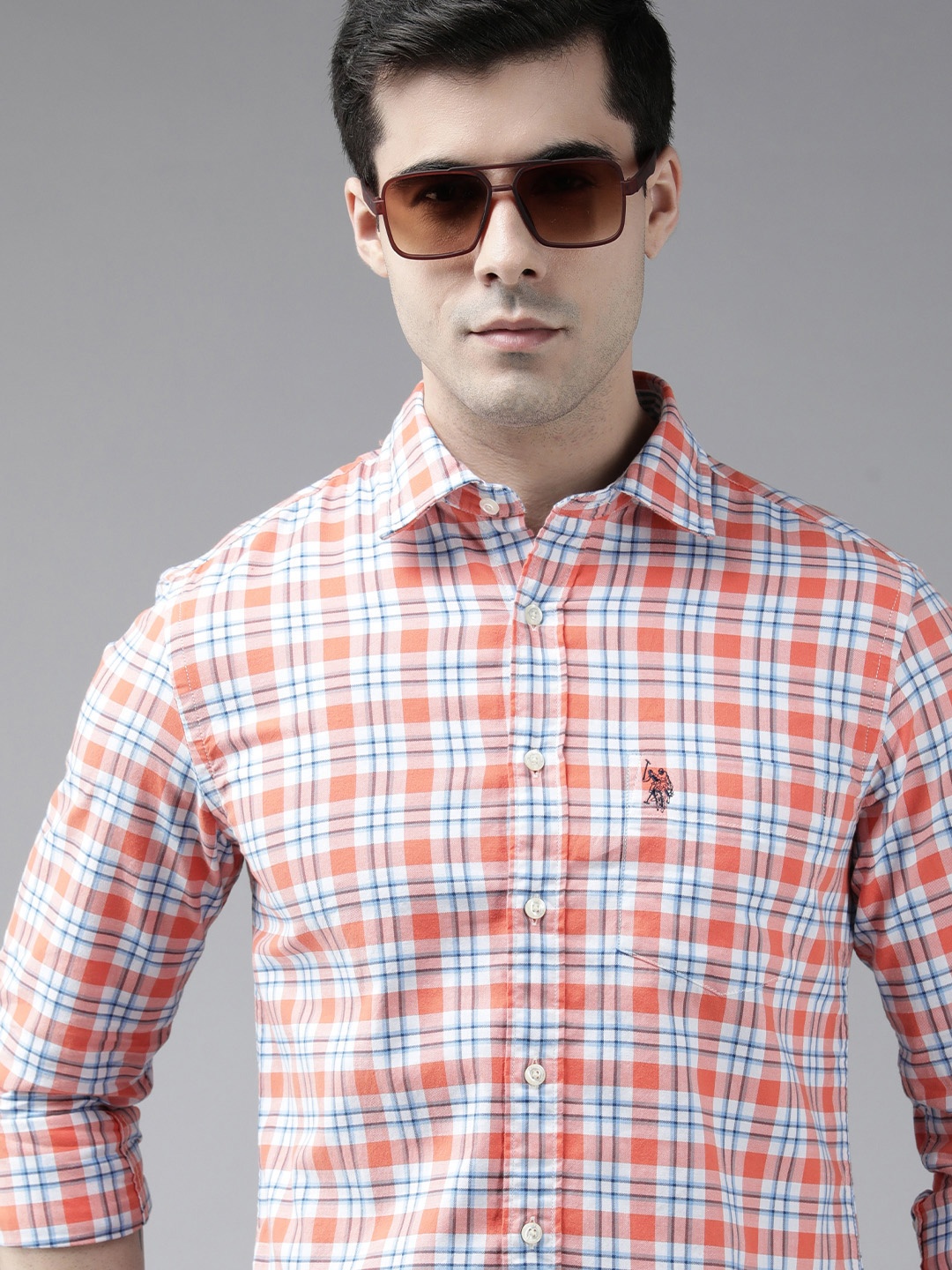 

U.S. Polo Assn. Men Orange Tailored Fit Tartan Checks Opaque Pure Cotton Casual Shirt