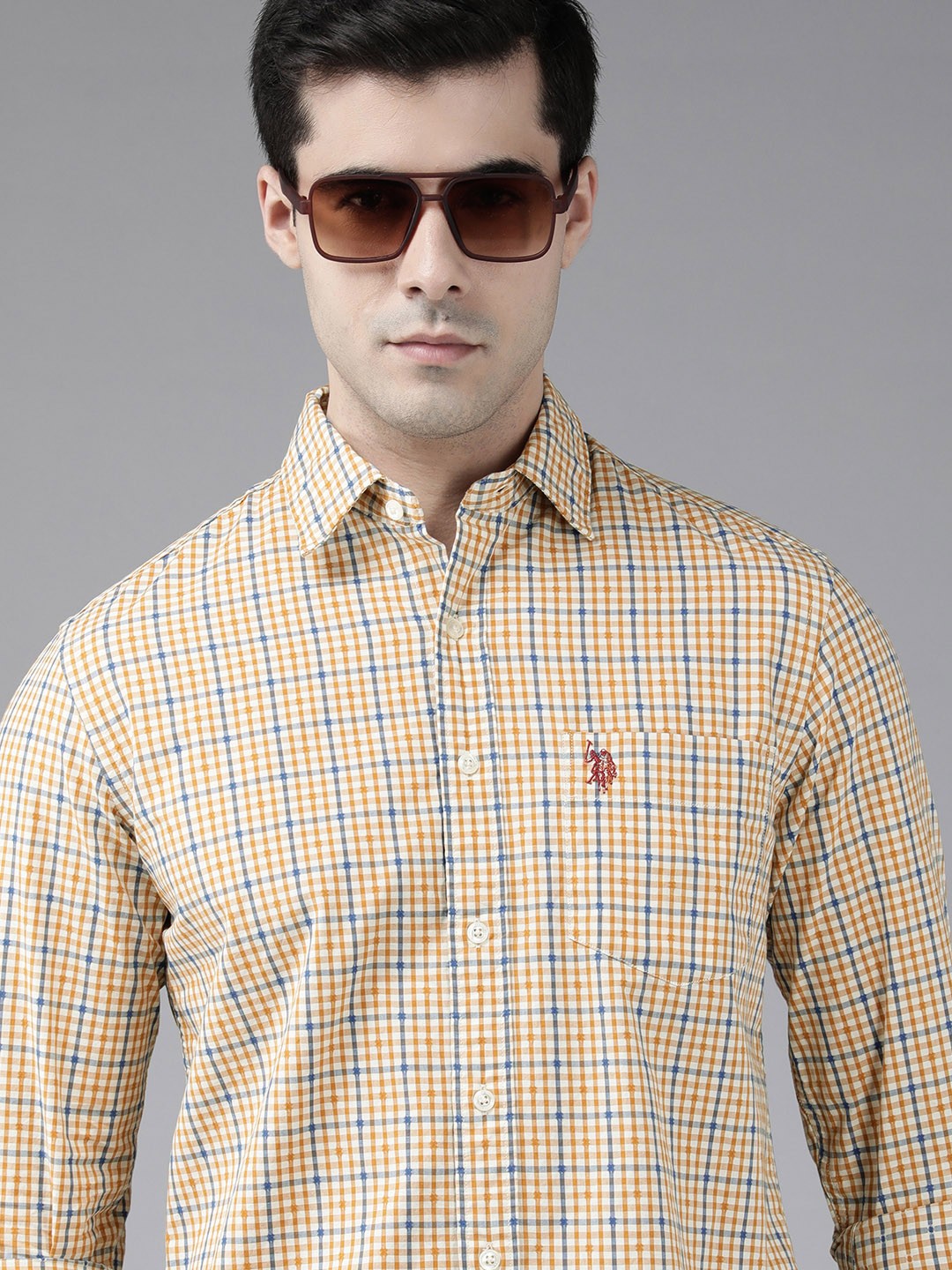 

U.S. Polo Assn. Men Yellow Tailored Fit Checked Pure Cotton Casual Shirt