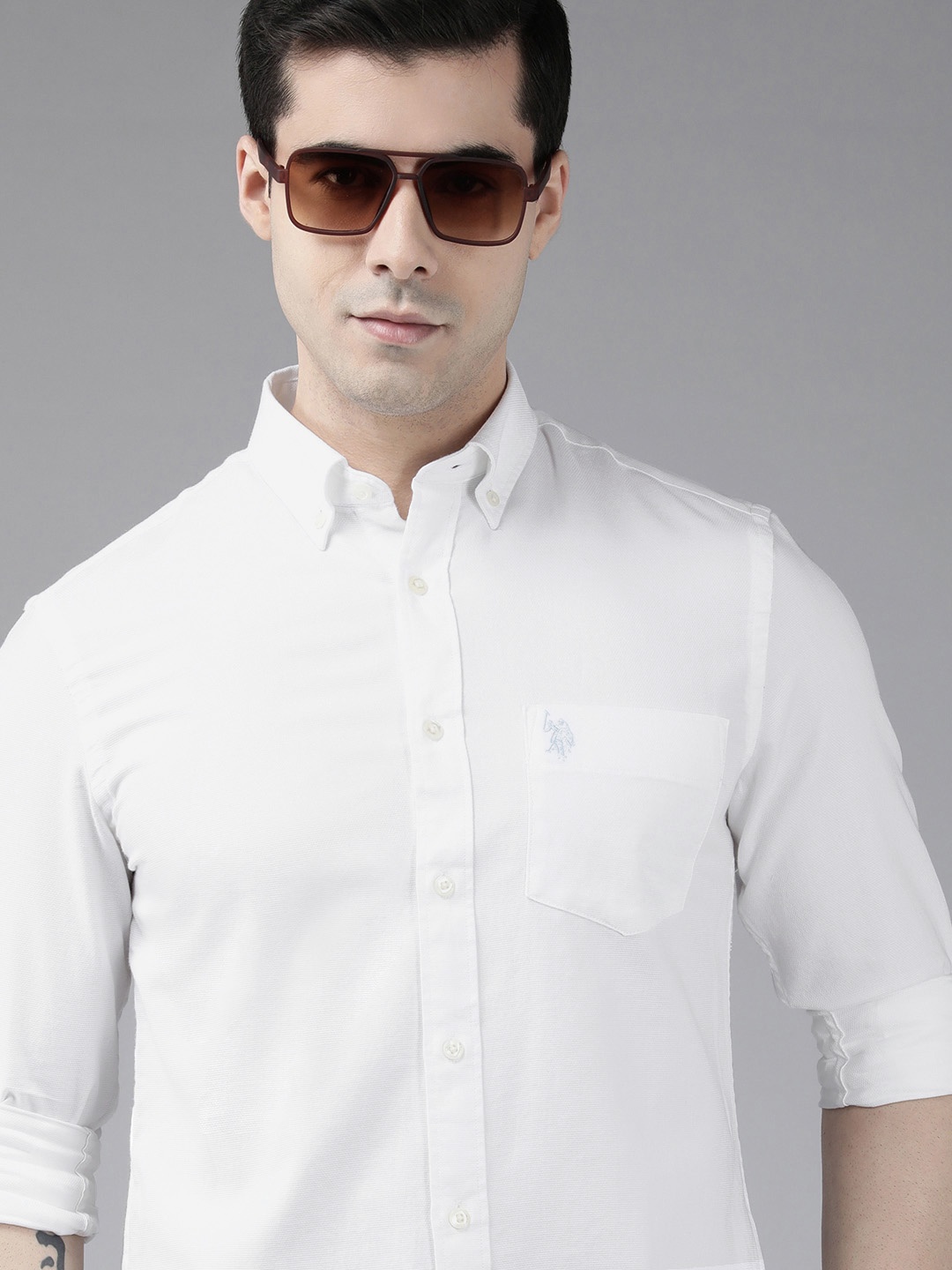 

U S Polo Assn Men White Self Design Tailored Fit Pure Cotton Casual Shirt