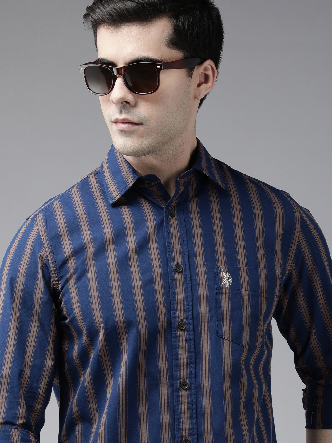 

U.S. Polo Assn. Men Navy Blue Tailored Fit Striped Pure Cotton Casual Shirt