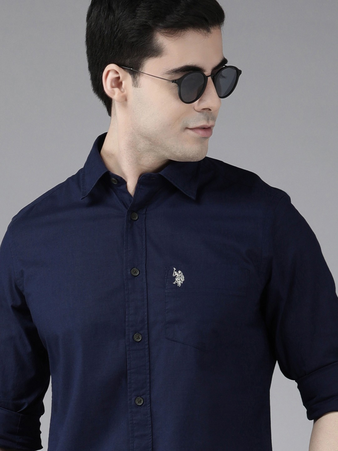 

U S Polo Assn Men Navy Blue Solid Tailored Fit Pure Cotton Casual Shirt