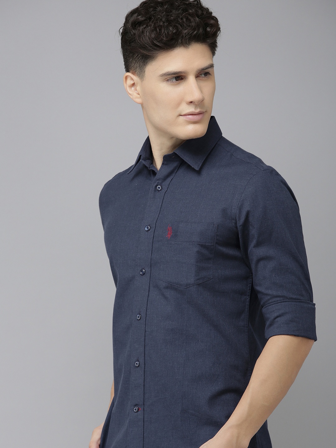 

U S Polo Assn Men Navy Blue Solid Tailored Fit Pure Cotton Casual Shirt
