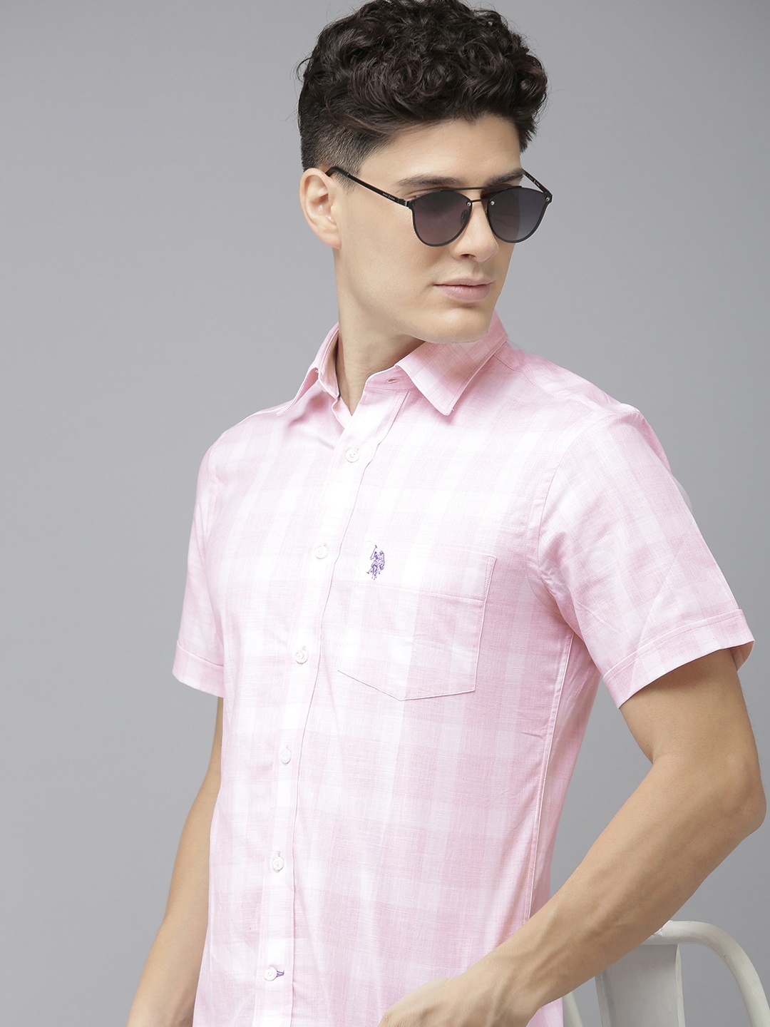 

U S Polo Assn Men Pink And White Tailored Fit Checked Pure Cotton Casual Shirt