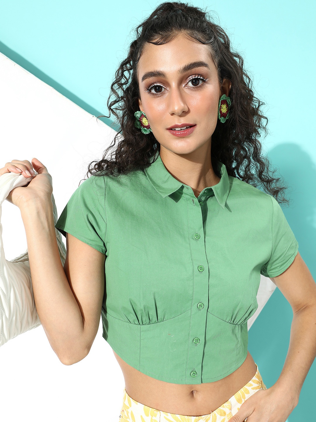 

DressBerry Dark Ivy Green Pure Cotton Hollaback Casually Corset Crop Casual Shirt