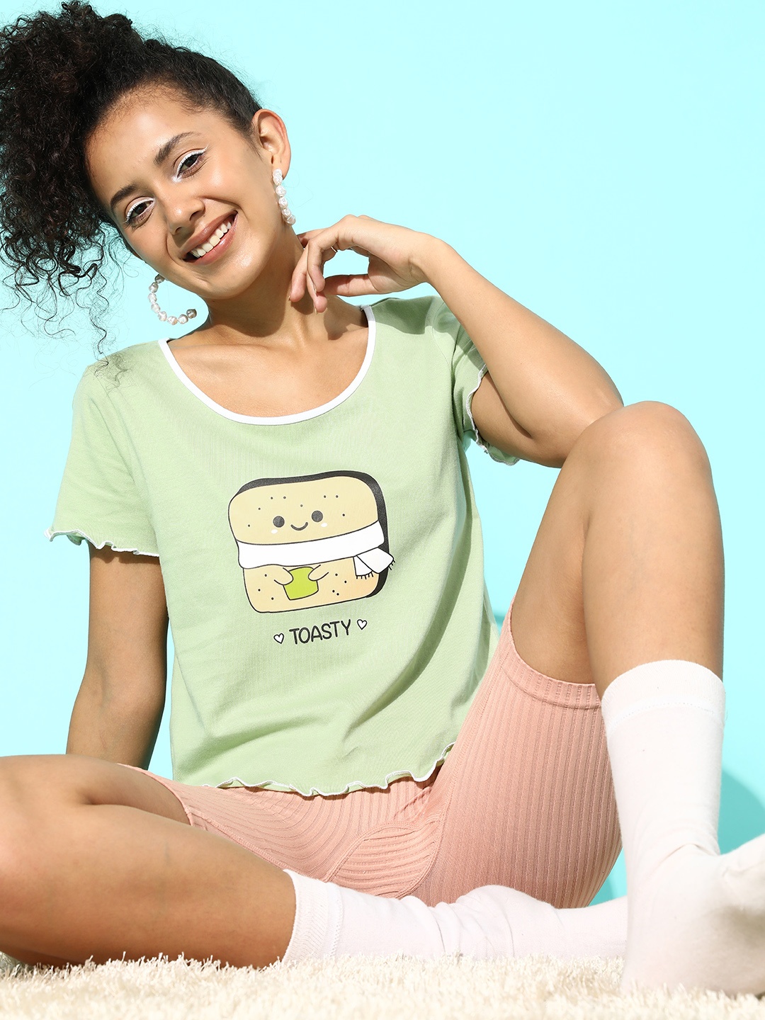 

DressBerry Holiday Hype Printed Pure Cotton Lounge T-shirt, Green