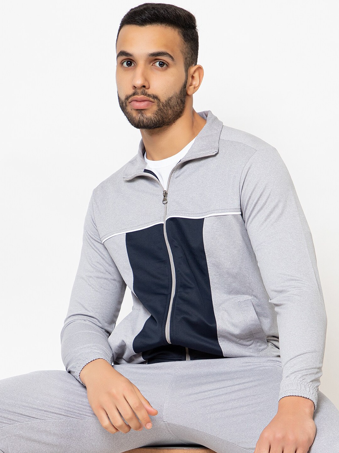 

ARMISTO Men Grey Melange Navy Blue Colourblocked Water Resistant Dry Fit Open Front Jacket