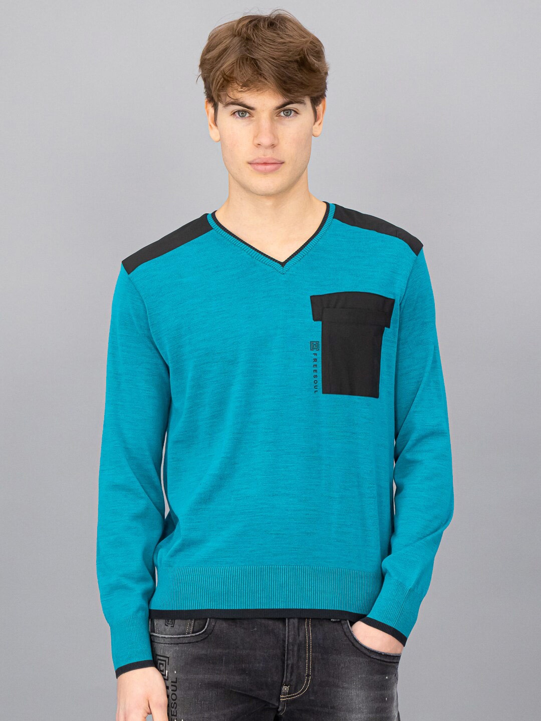 

FREESOUL Men Turquoise Blue & Black Wool Pullover