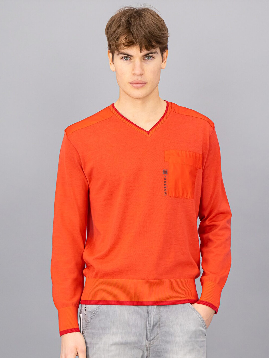 

FREESOUL Men Orange Wool Pullover