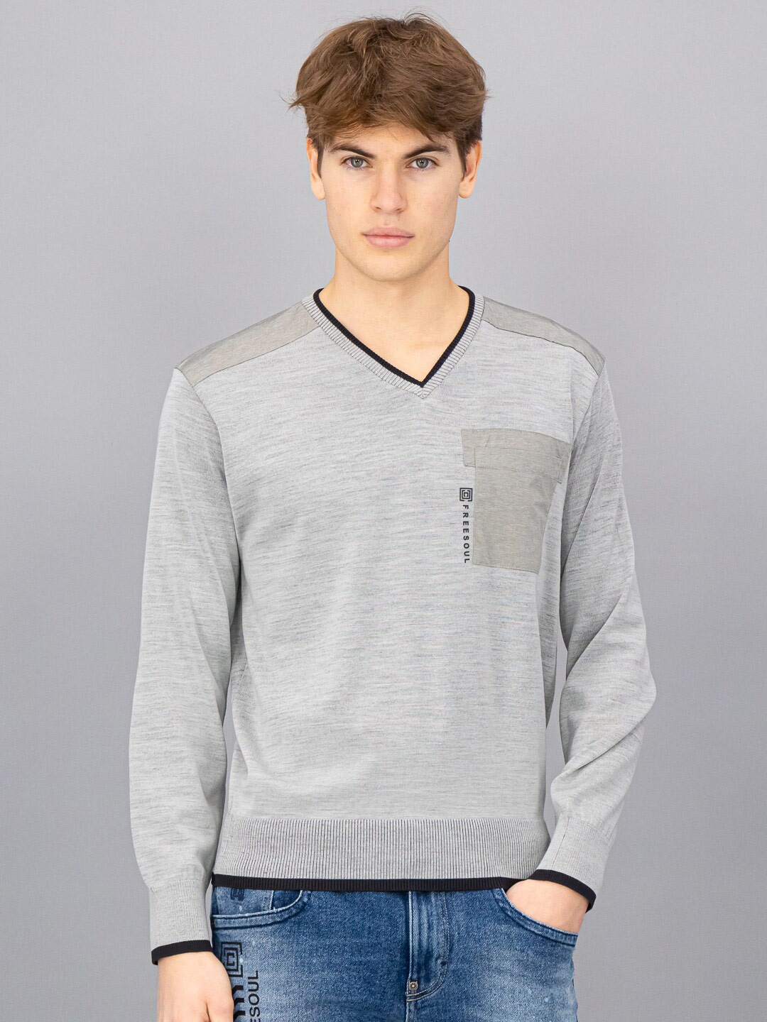 

FREESOUL Men Grey Wool Pullover