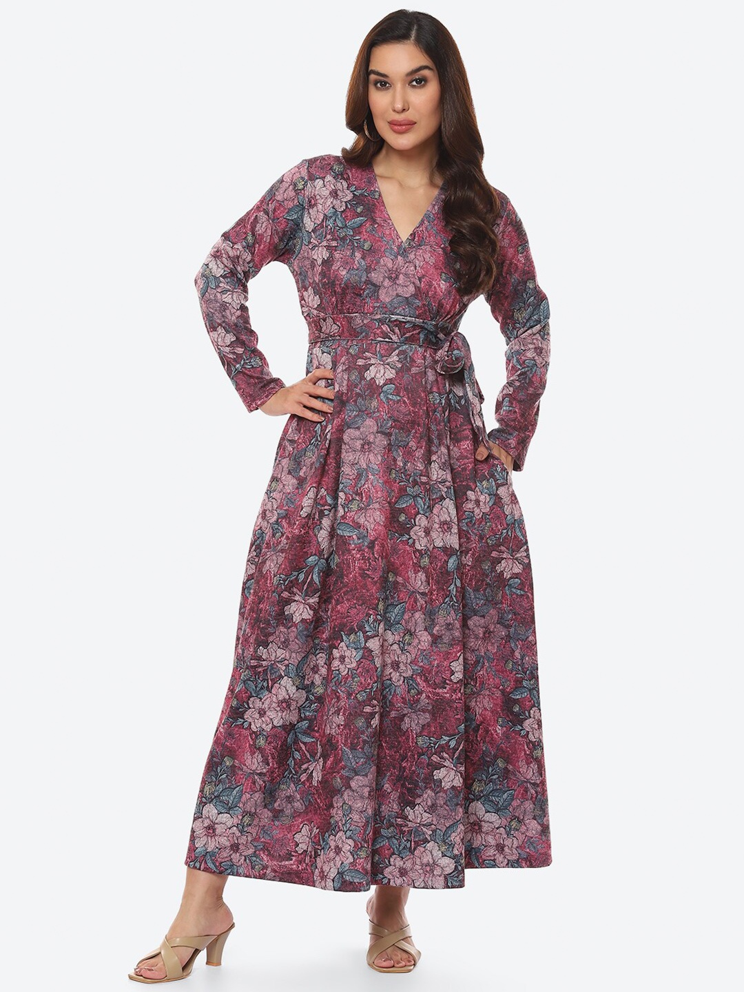 

Biba Women Pink & Blue Floral Printed Fit and Flare Maxi Dress