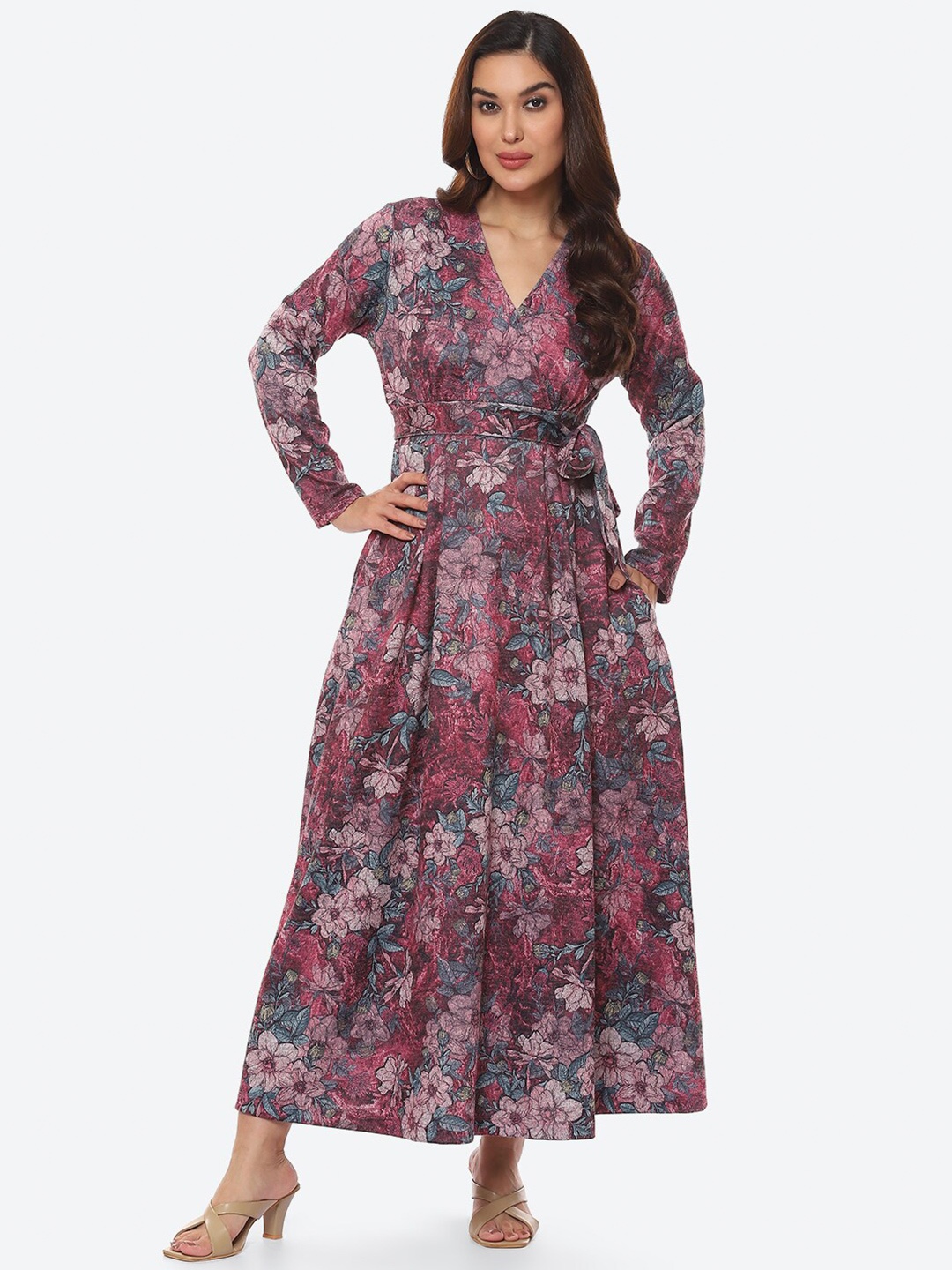 

Biba Women Pink & Blue Floral Printed Fit and Flare Maxi Dress