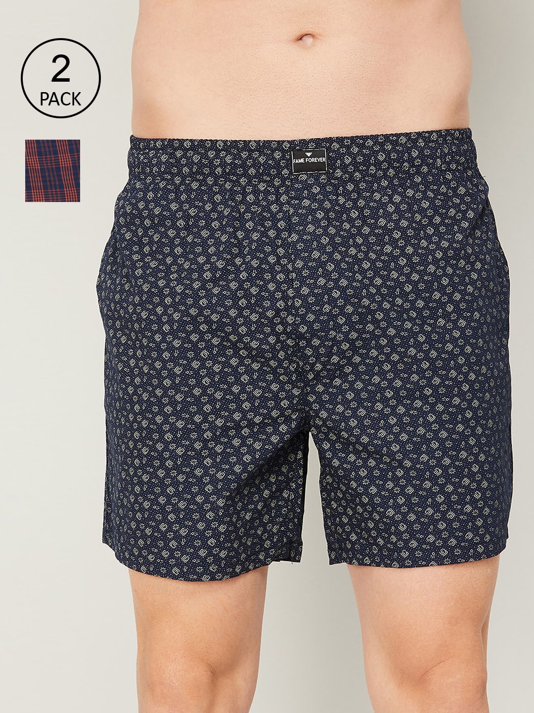 

Fame Forever by Lifestyle Men Pack Of 2 Printed Pure Cotton Boxers, Navy blue