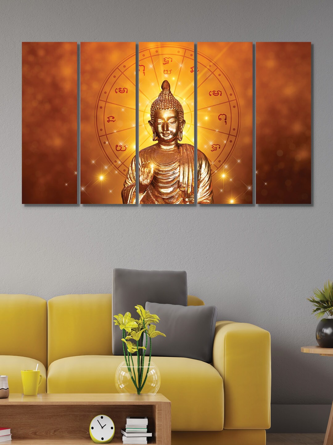 

RANDOM 5 Pcs Gold Toned Meditating Lord Buddha MDF Vinyle Painting Wall Art