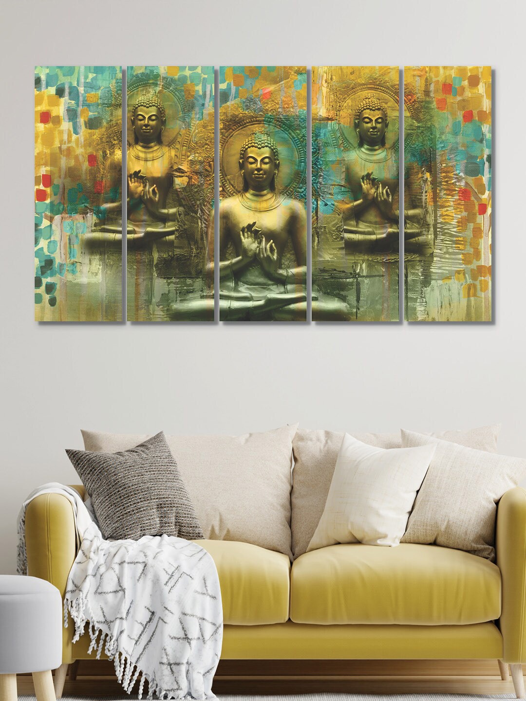 

RANDOM Set Of 5 Turquoise Blue Gold Toned Three Lord Buddha MDF Vinyle Painting