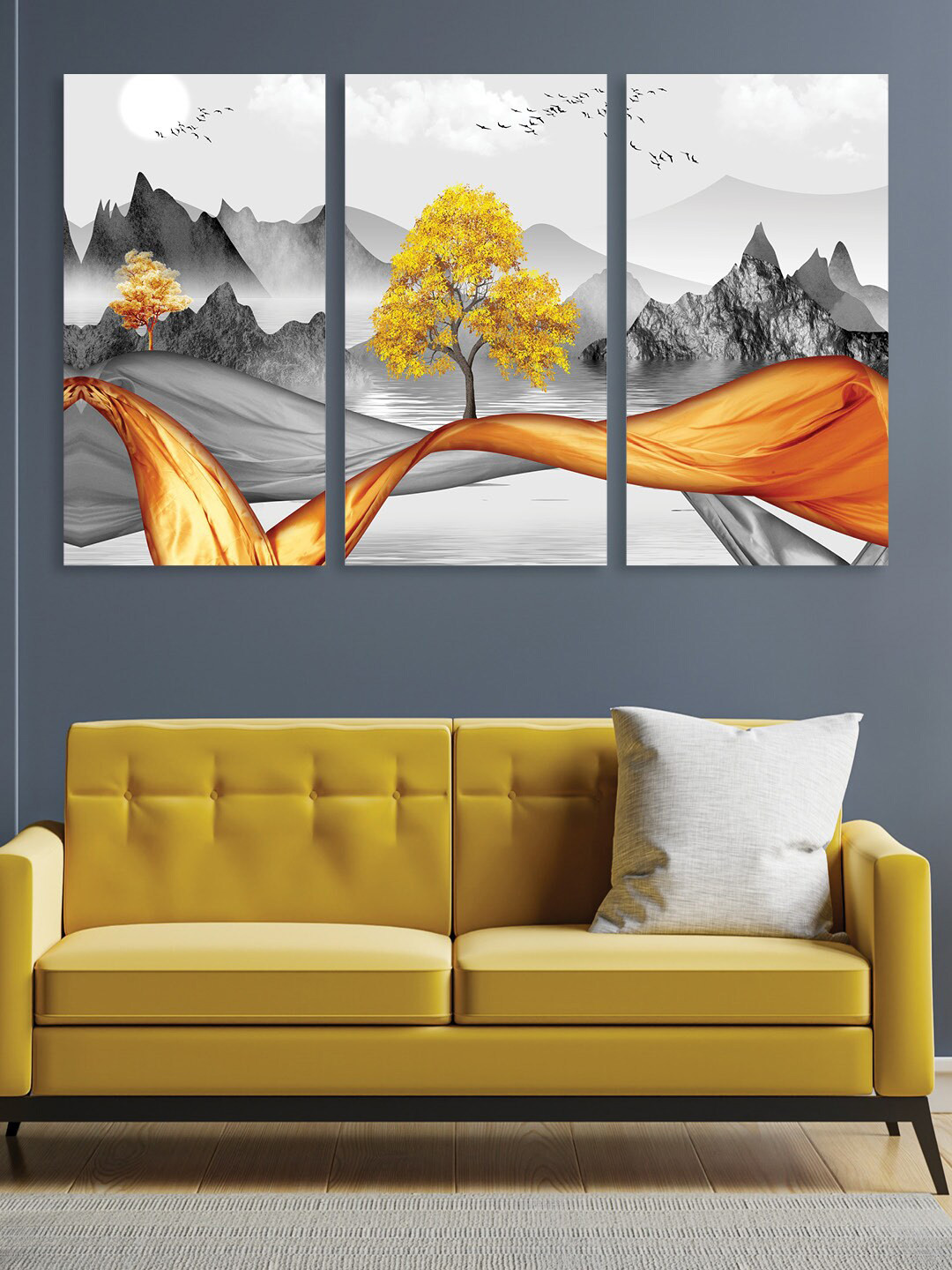 

RANDOM Set Of 3 Black & White Printed Scenery with Golden touch Canvas Painting Wall Art