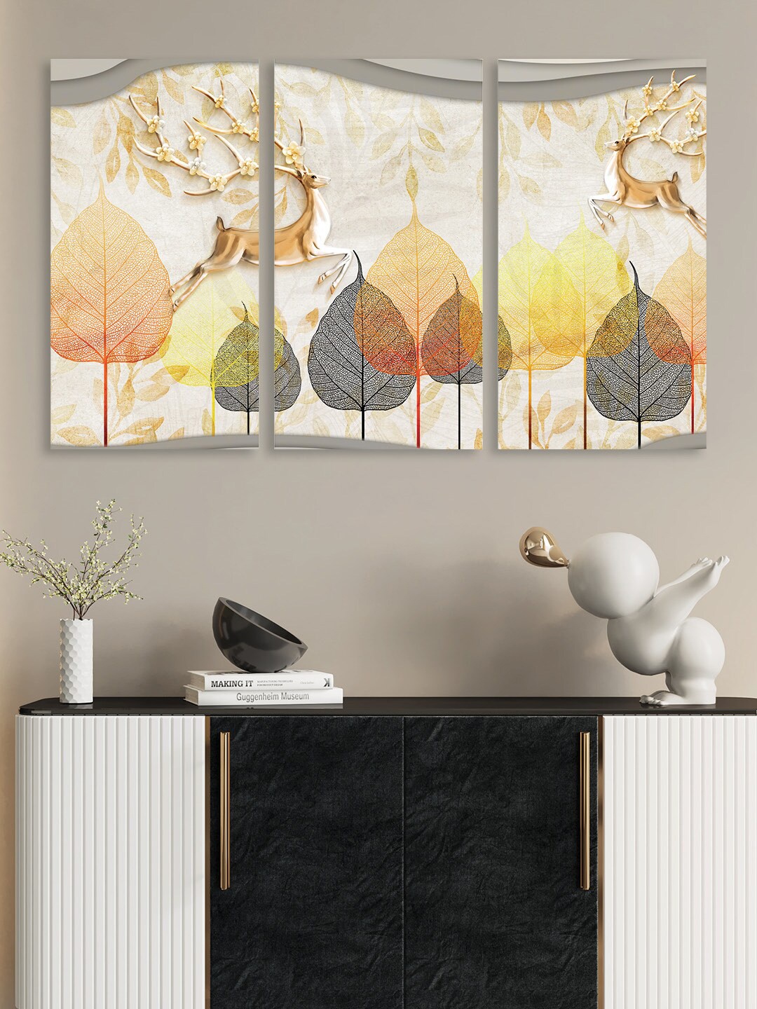 RANDOM Set Of 3 Yellow Abstract Printed Framed Wall Painting