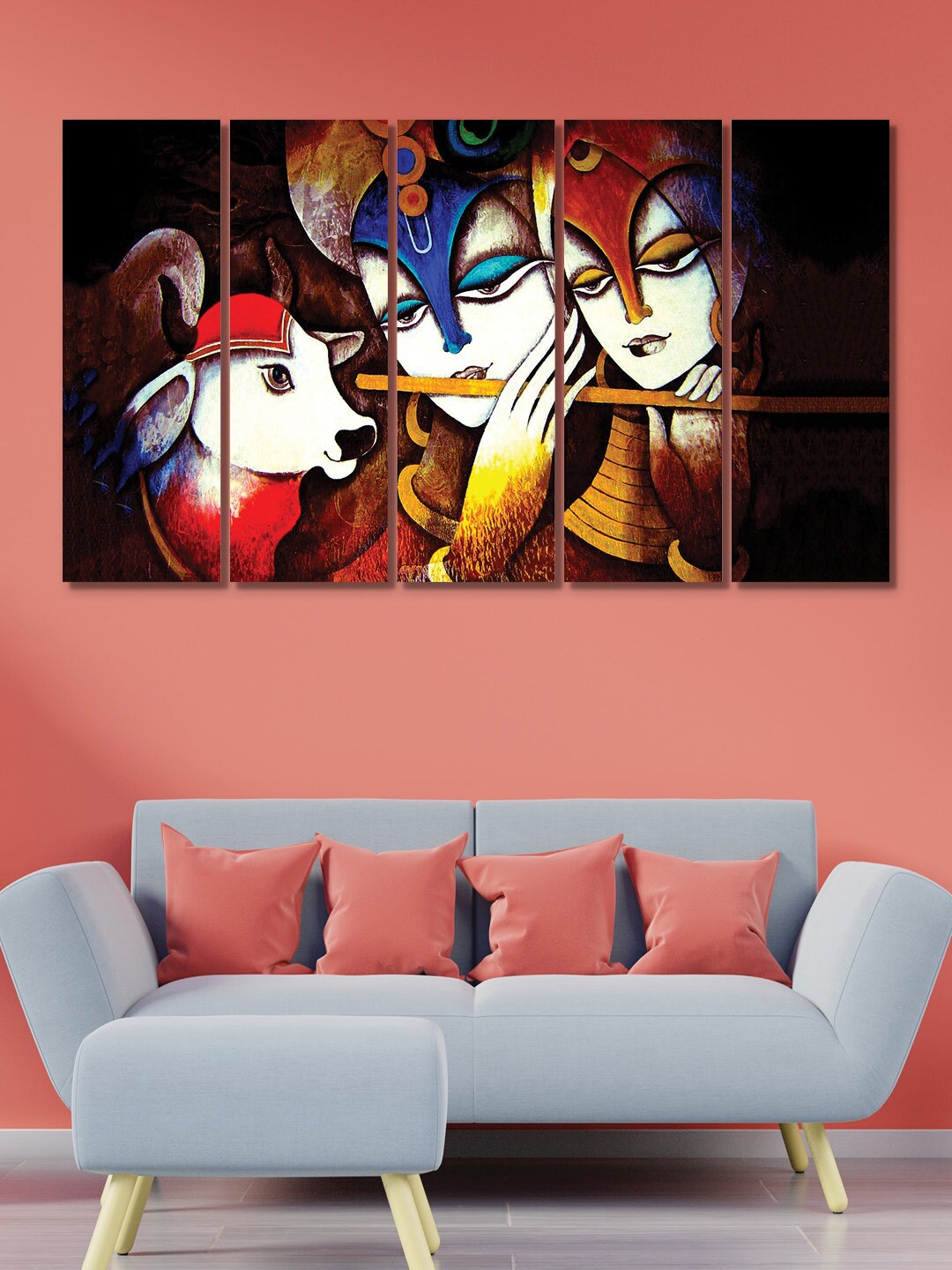 

RANDOM Pack Of 5 Black Red Radha krishna Playing Flute MDF Vinyle Paintings