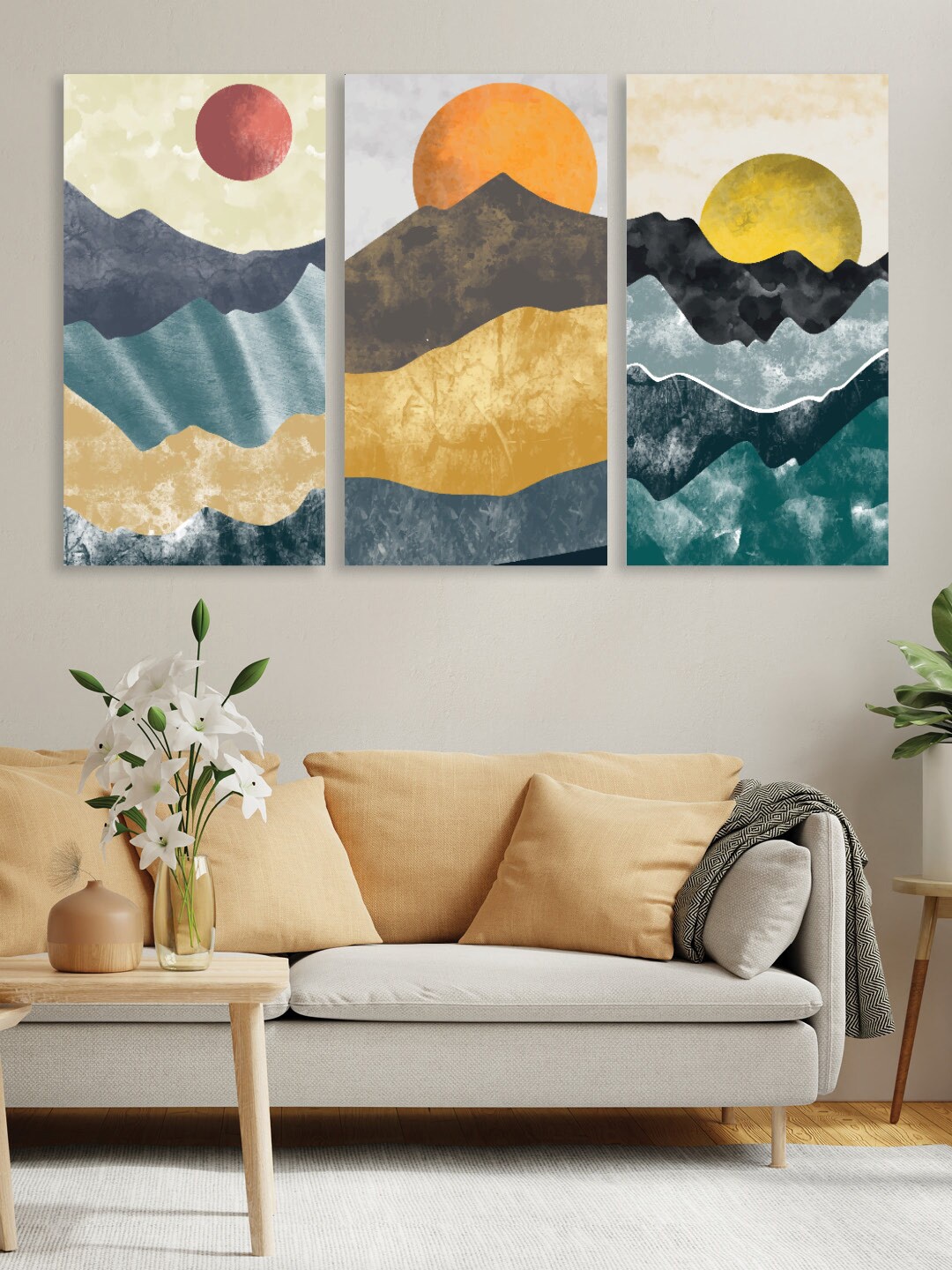 RANDOM Set Of 3 White & Grey Mountain Wall Art