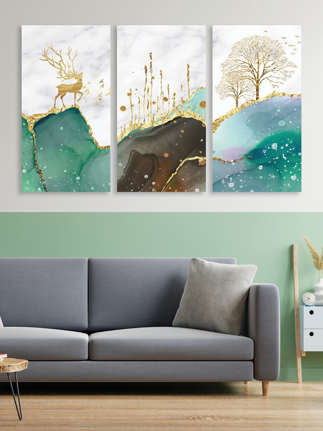 

RANDOM Set of 3 Green & White Abstract Canvas Wall Art With Frames