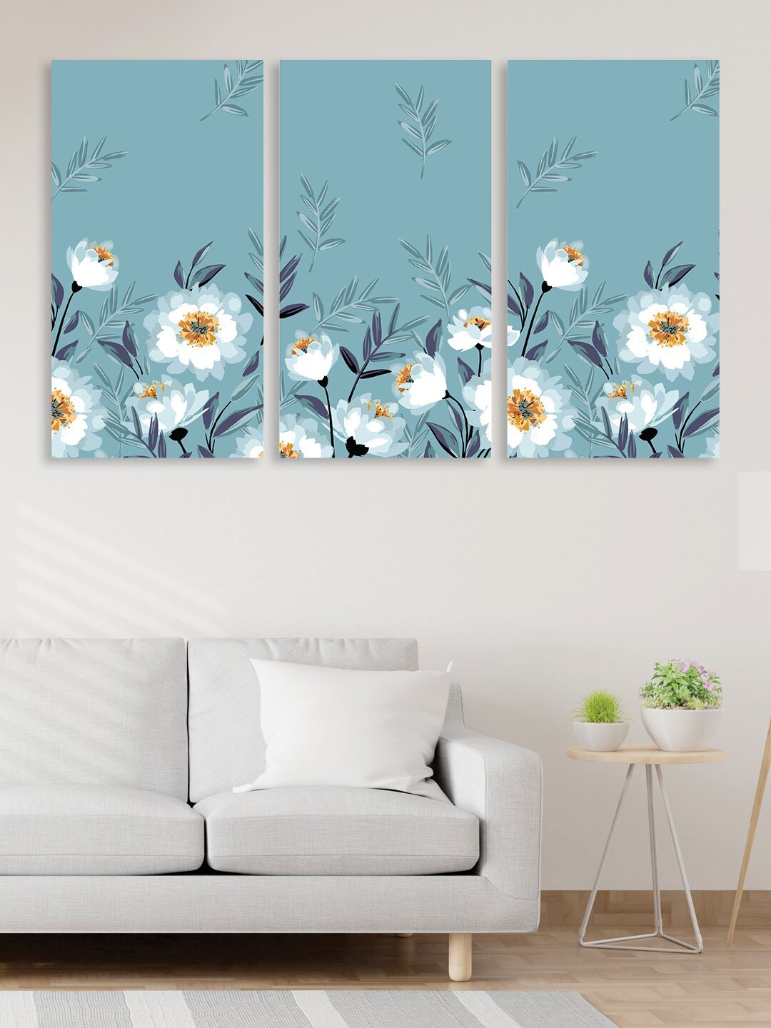 RANDOM Set Of 3 Blue & White Flowers Canvas Painting Wall Art