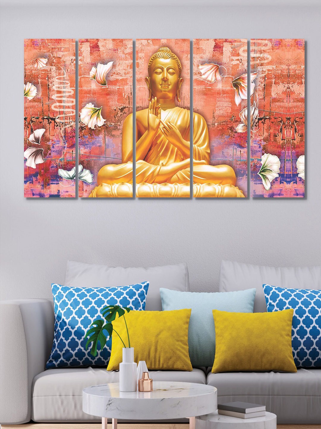 

RANDOM Pack Of 5 Peach Beige Lord Buddha With Flowers Vinyle MDF Wall Art
