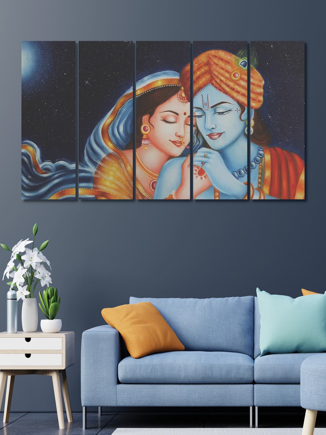 

RANDOM Set Of 5 Printed Lovable Radha krishna MDF Vinyle Paintings Wall Art, Blue