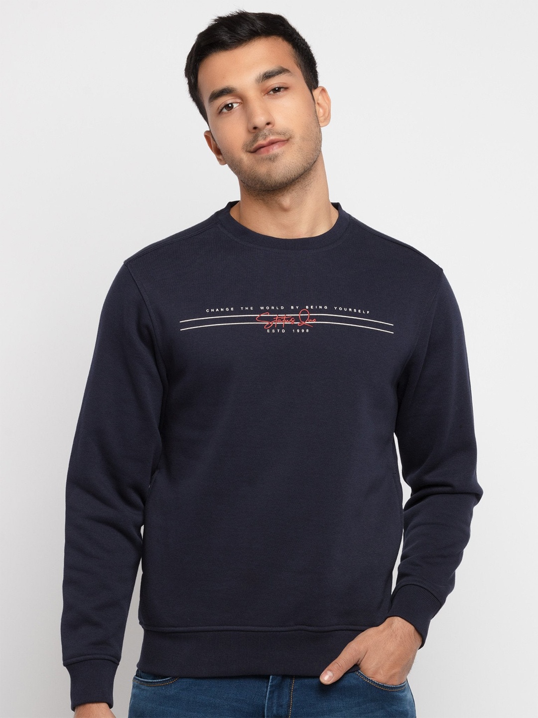 

Status Quo Men Navy Blue Solid Cotton Sweatshirt